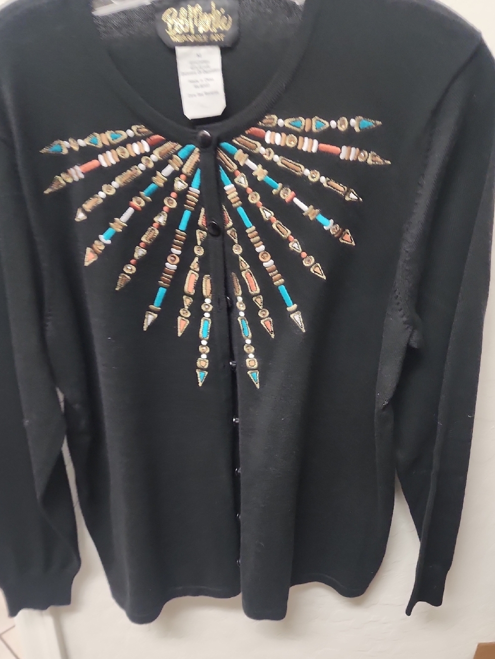 Bob Mackie Black Cardigan with Turquoise and Gold Embellishment